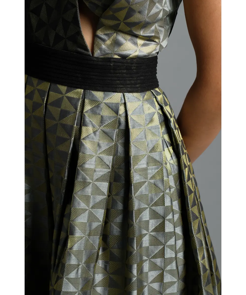 AASTHA SOOD - Steal grey Geometric Brocade Dress